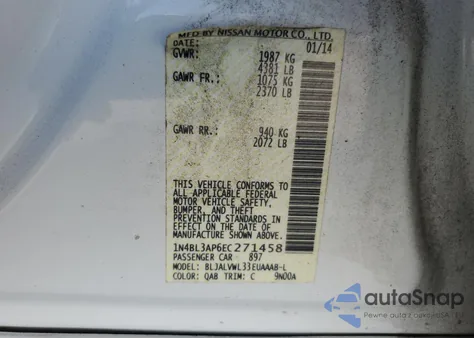2014 Nissan Altima 3.5S z USA, uszkodzony, nr VIN 1N4BL3AP6EC271458